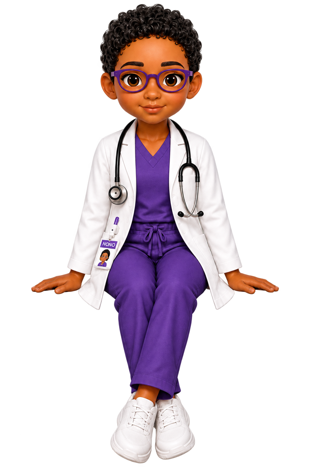 Numo dressed as a doctor and sitting on the Future Opps message